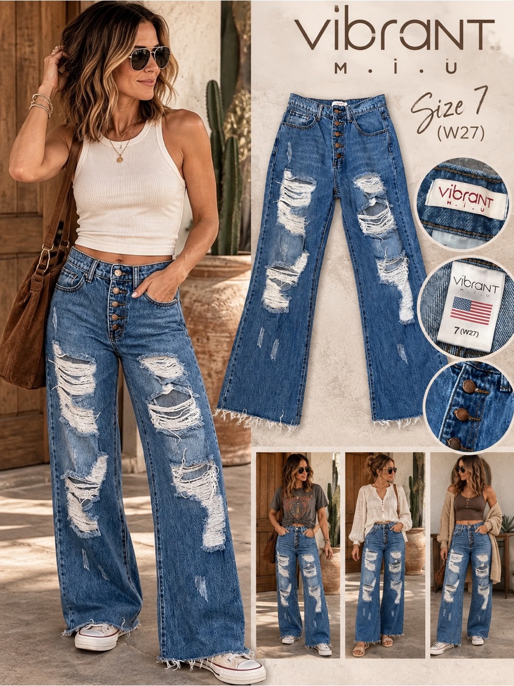 Vibrant M.I.U Distressed Wide Leg Jeans – Women’s Size 7 / W27